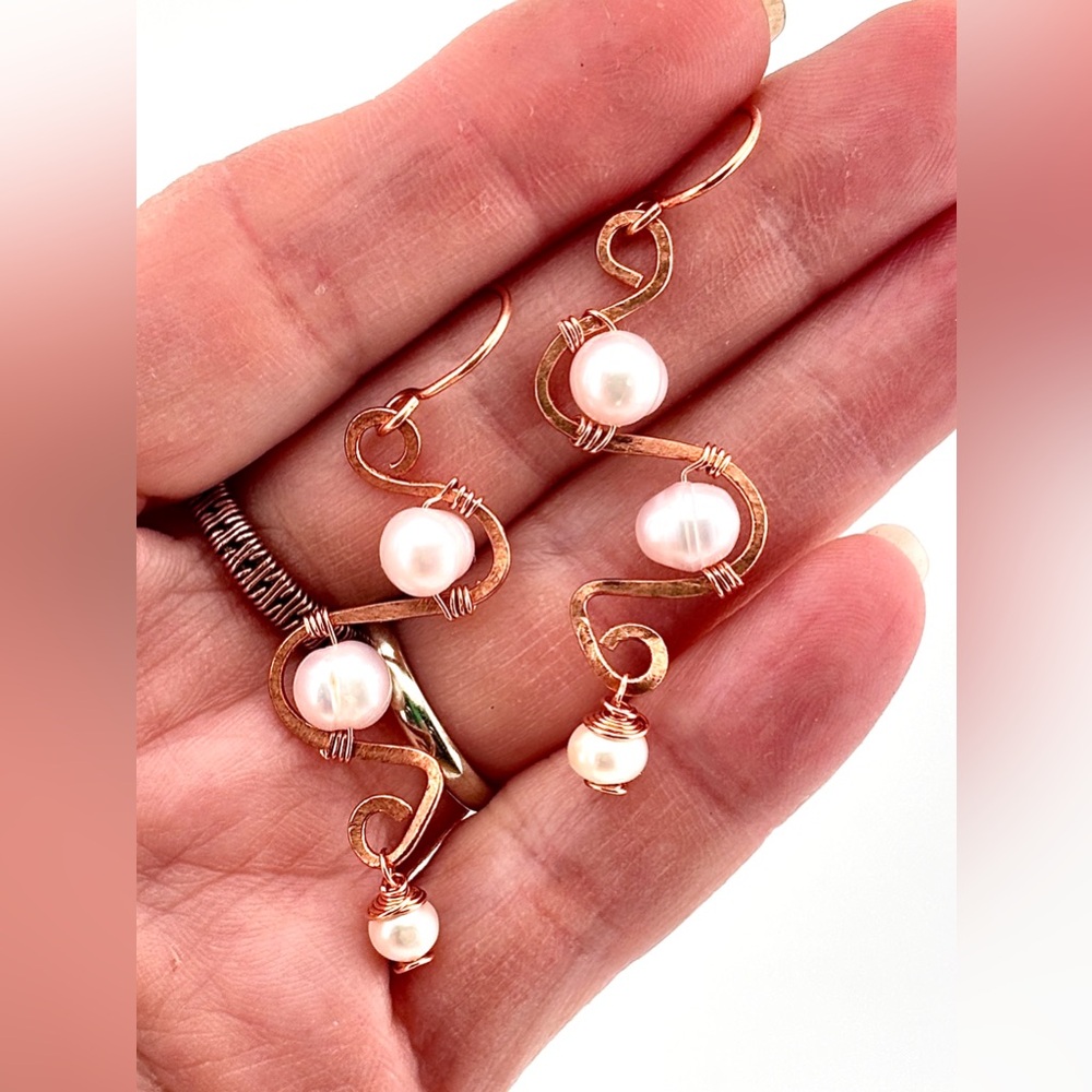 HANDMADE Freshwater Pearl Copper Wire Wrapped Modern Dangle Earrings, Artisan